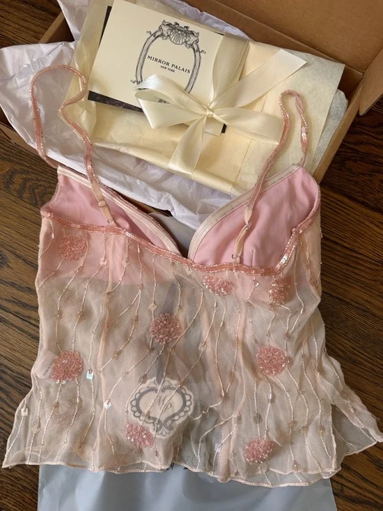 Mirror Palais Beaded Pink Sheer Embroidered Camisole - Picture 4 of 5